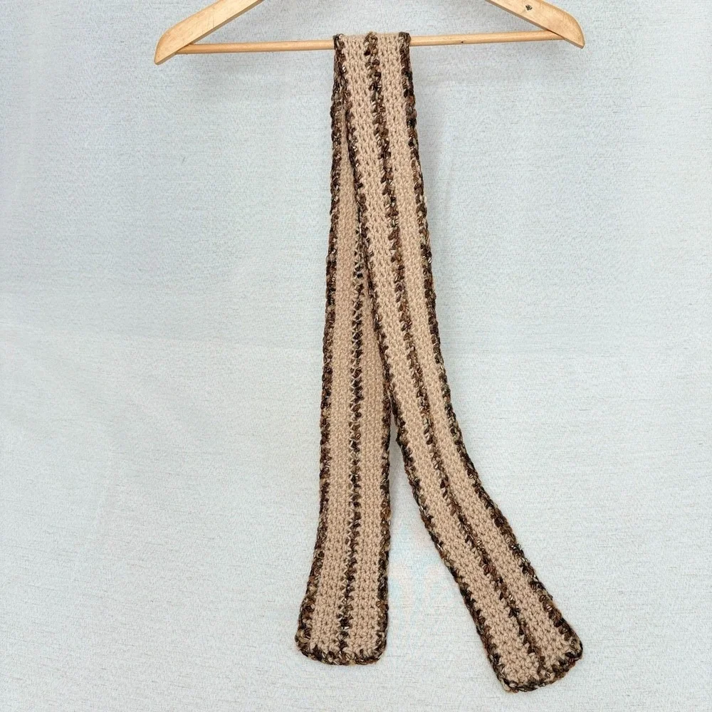 Vintage 2000s Y2k Long Handmade‎ Hand Knit Brown Beige scarf 54